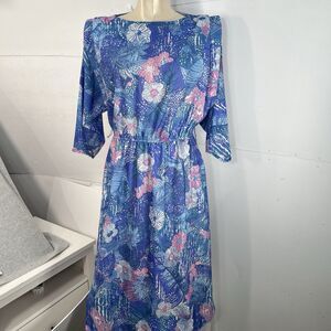 VTG 80s California Looks Floral Dress Blue Pink Midi abstract retro 16*